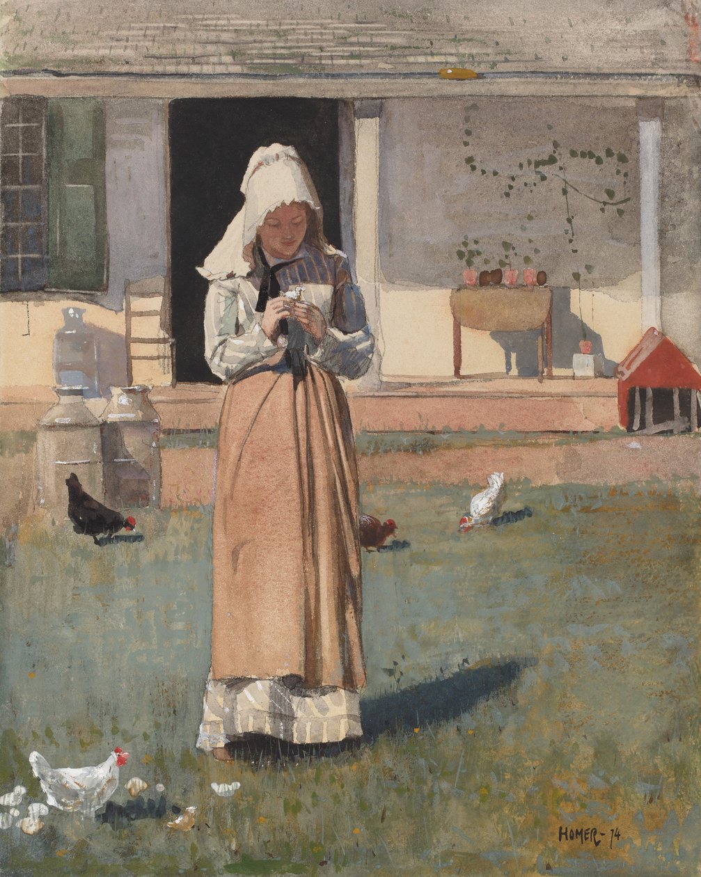 The Sick Chicken, 1874 (wc, gouache og grafitt på vevd papir) av Winslow Homer