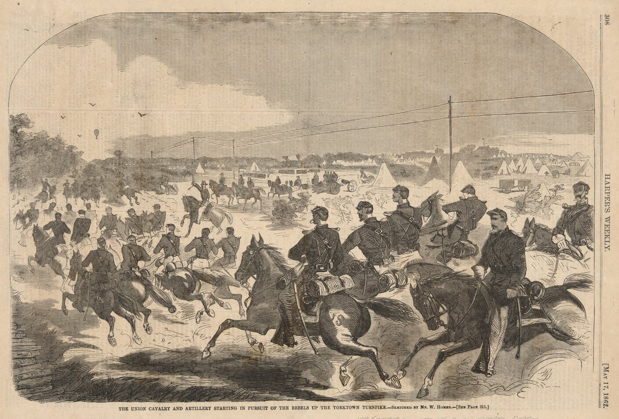Unionskavaleriet og artilleriet starter i jakten på opprørerne oppover Yorktown Turnpike, fra Harper av Winslow Homer