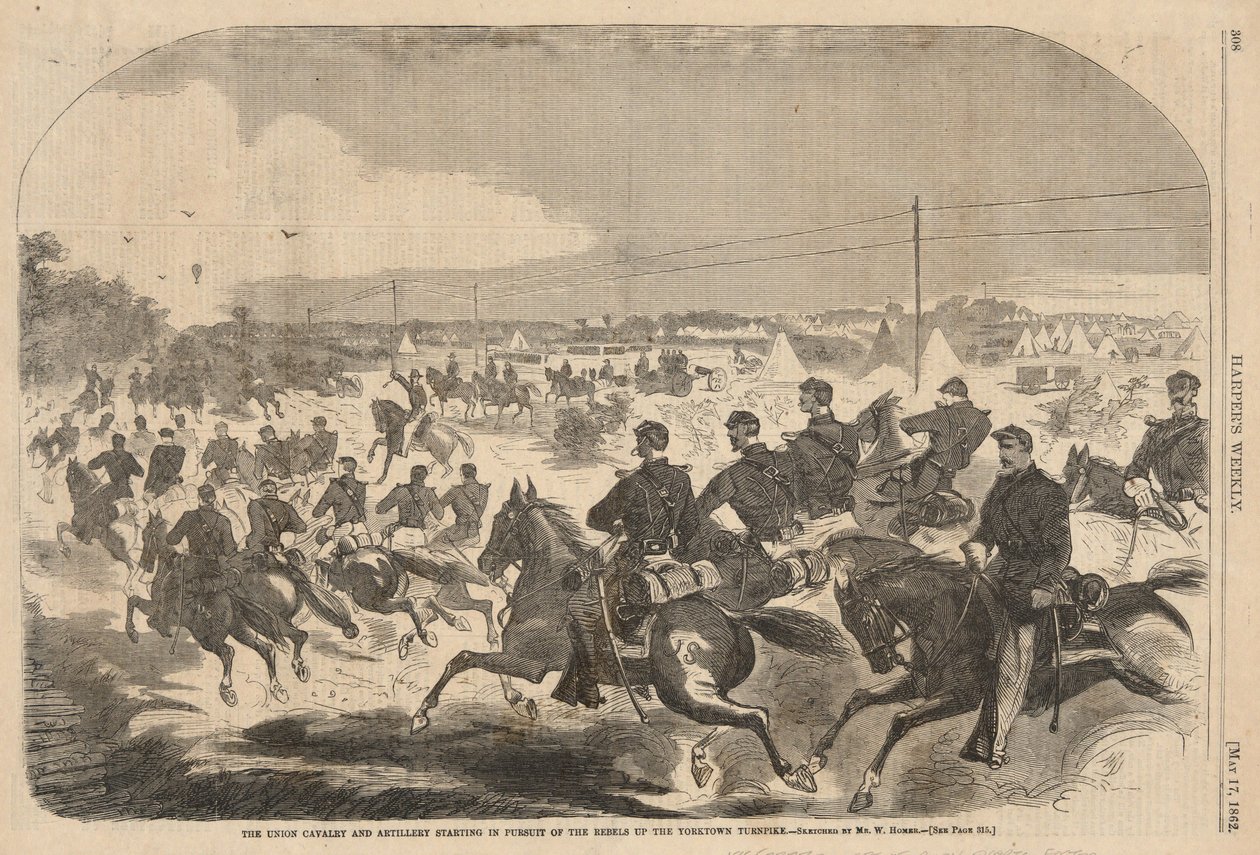 Unionens kavaleri og artilleri innleder forfølgelsen av opprørerne langs Yorktown Turnpike, fra Harper