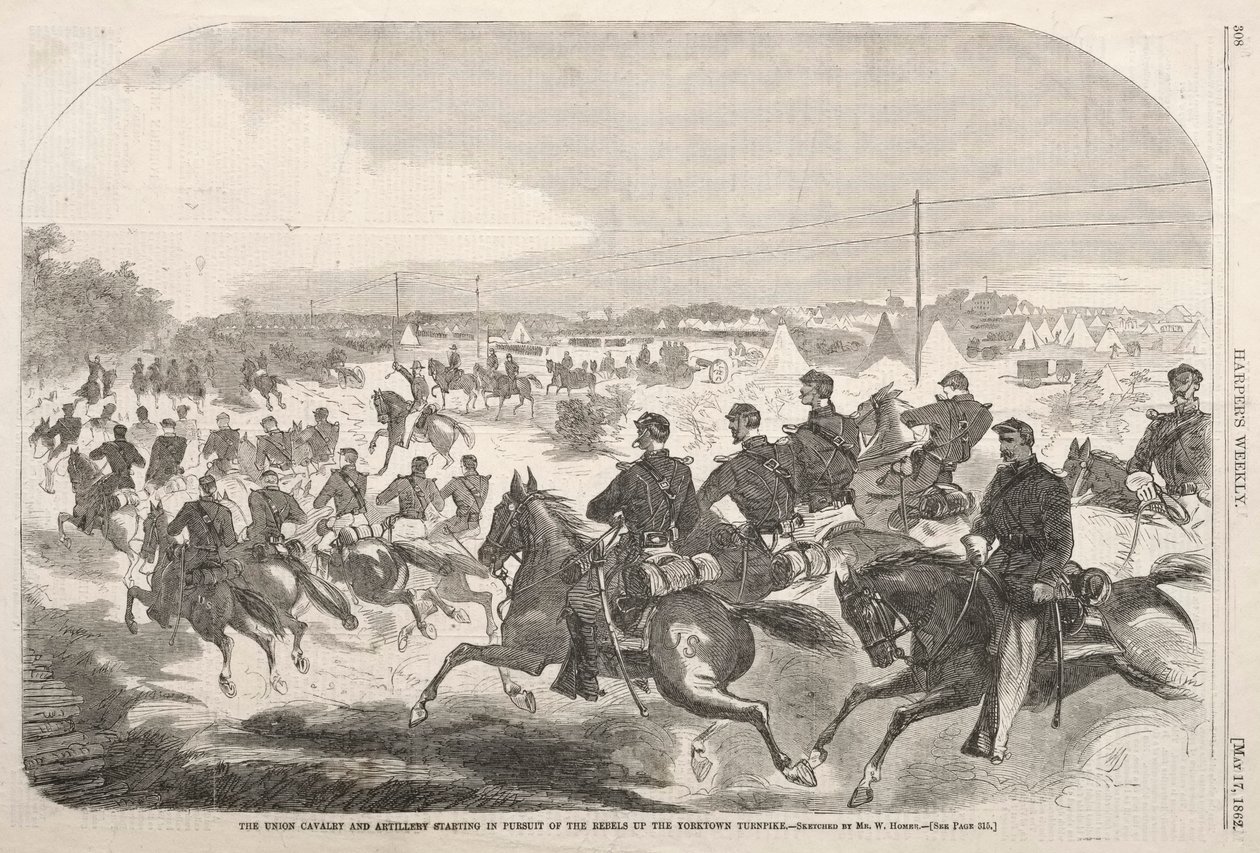 Unionskavaleriet og artilleriet startet i jakten på opprørerne oppover Yorktown Turnpike, 1862. av Winslow Homer