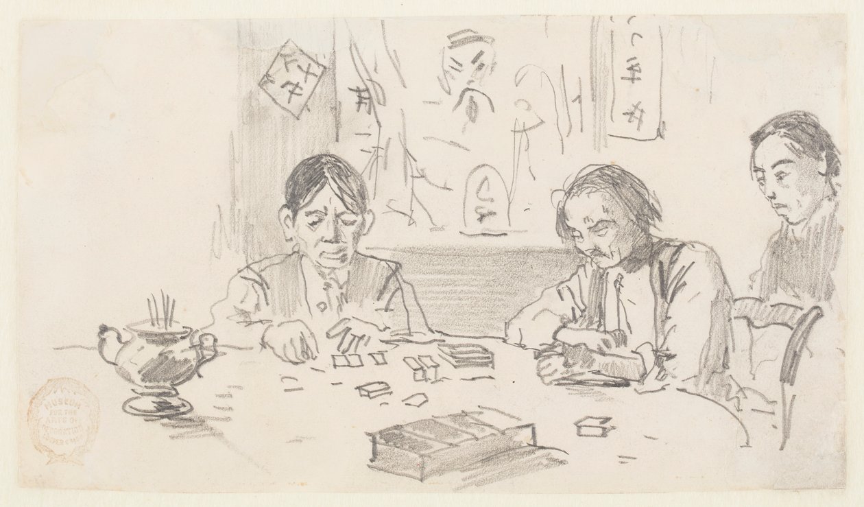 Tre kinesiske menn som spiller domino i et klubbhus på Baxter Street, New York City av Winslow Homer