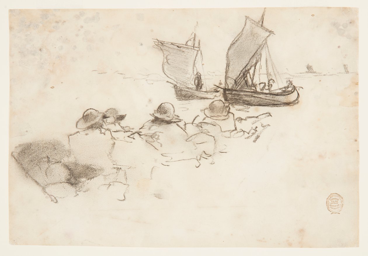 To fiskebåter med seil, Cullercoats, England av Winslow Homer