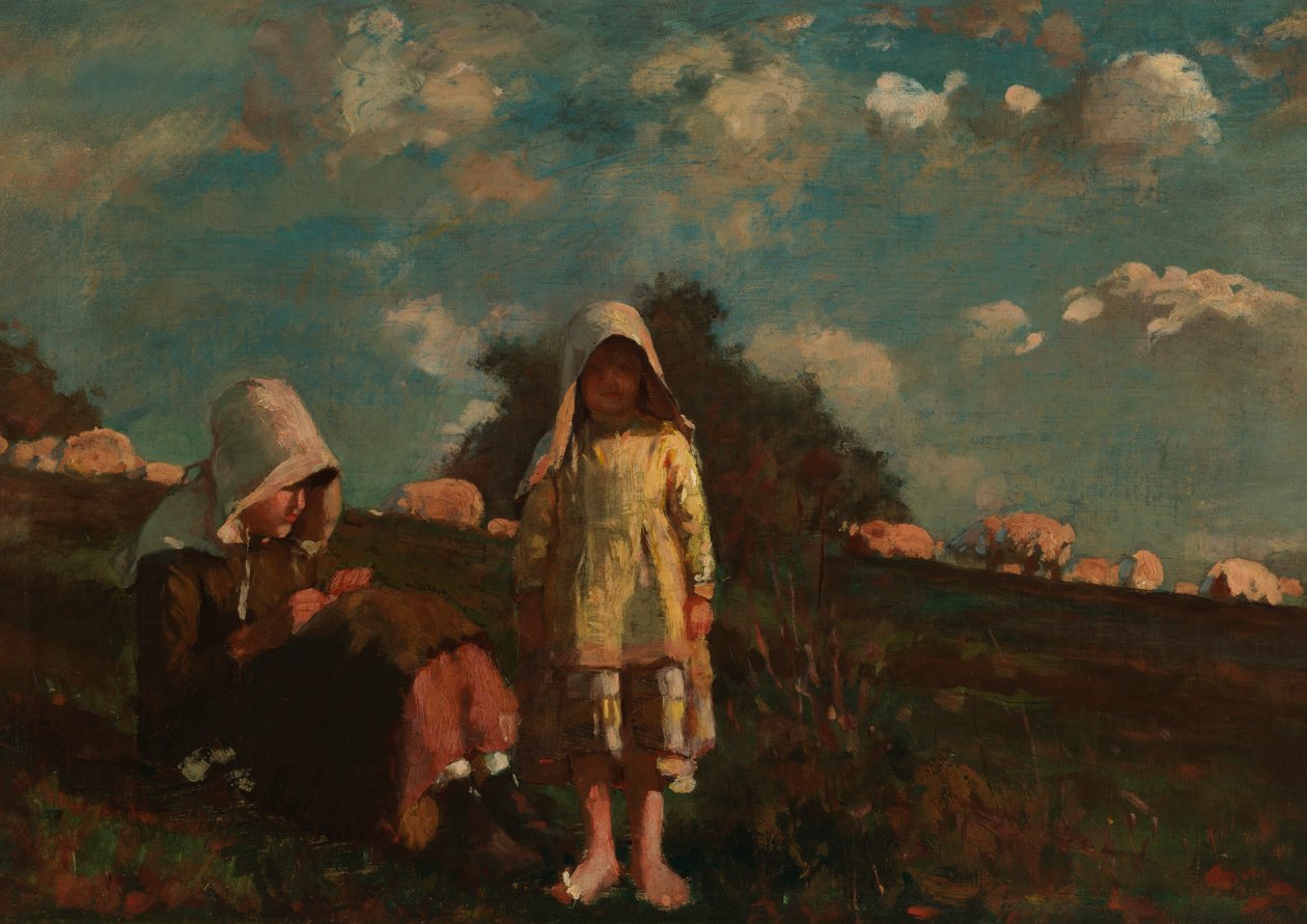 To jenter med solpanser på et felt av Winslow Homer