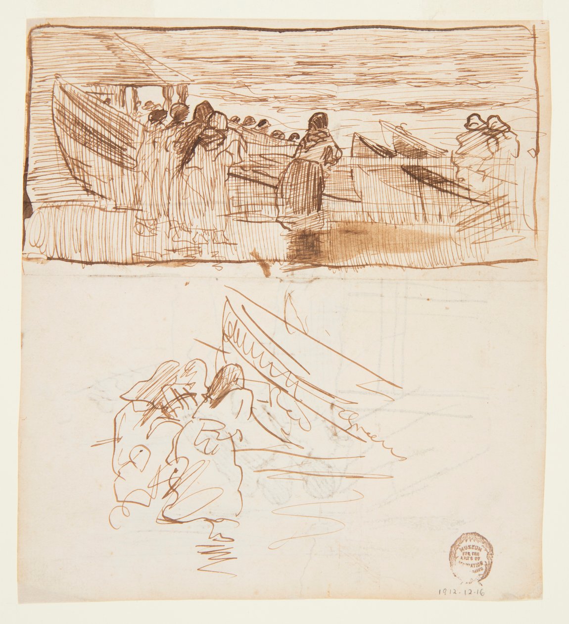 To studier av kvinner som står bak rekkverk, ser på lanseringen av Dories, Cullercoats, England av Winslow Homer