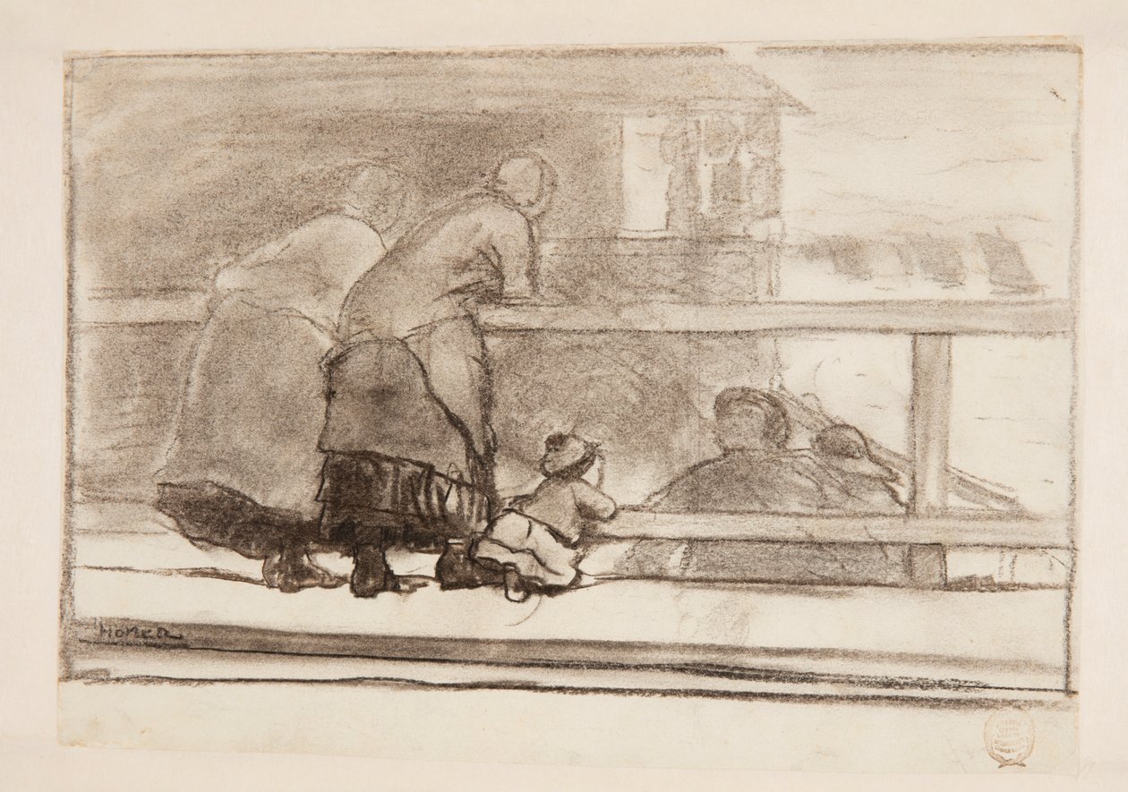 To kvinner og et barn ved en jernbane, med utsikt over stranden ved Tynemouth av Winslow Homer