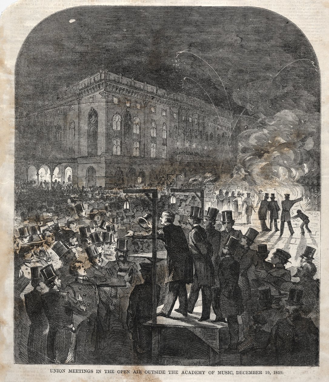 Fagforeningsmøte i friluft utenfor musikkhøgskolen, 1859. av Winslow Homer