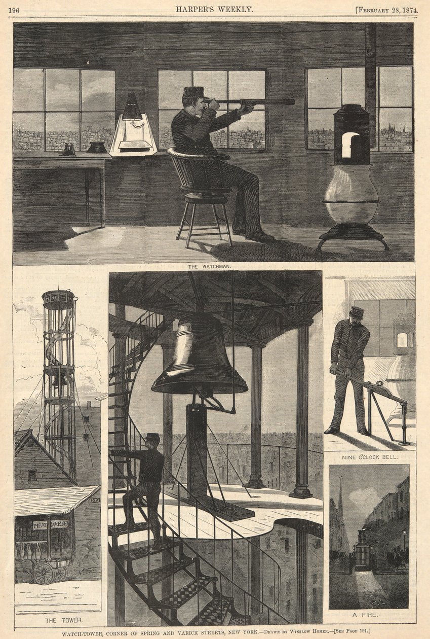 Watch-Tower, Corner of Spring og Varick Streets, New York, fra Harper av Winslow Homer