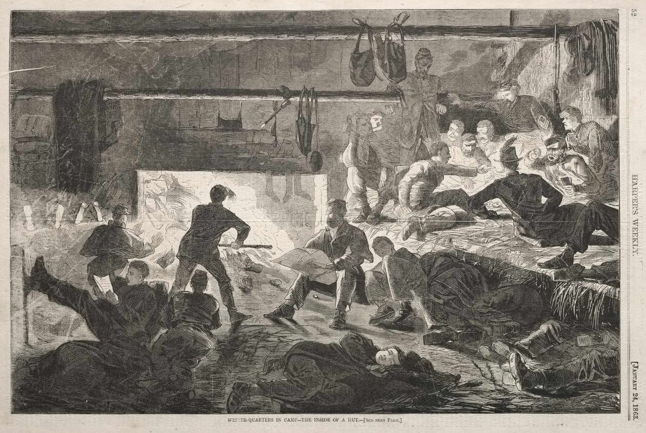 Vinterleir i leiren – Innvendig i en hytte av Winslow Homer