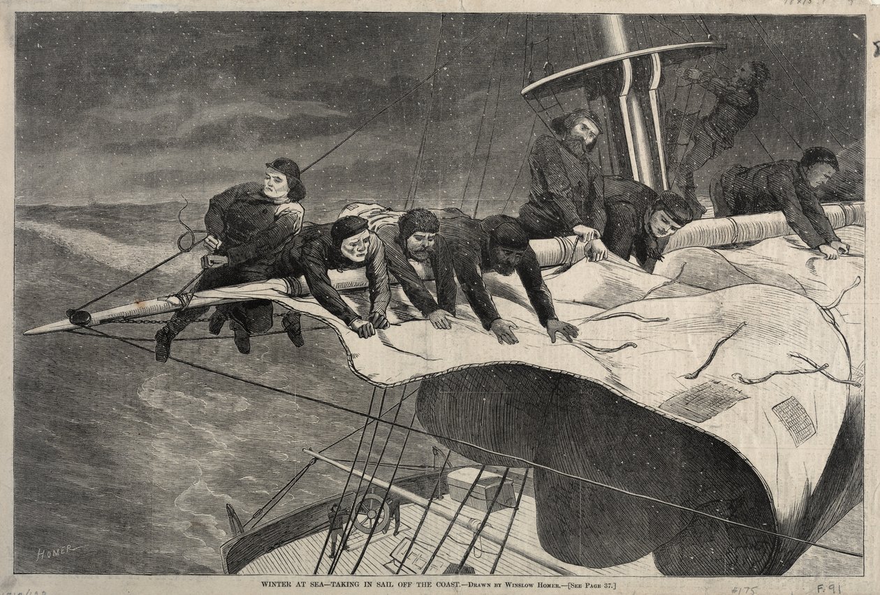 Vinter til sjøs - Tar inn seil utenfor kysten, 1869. av Winslow Homer