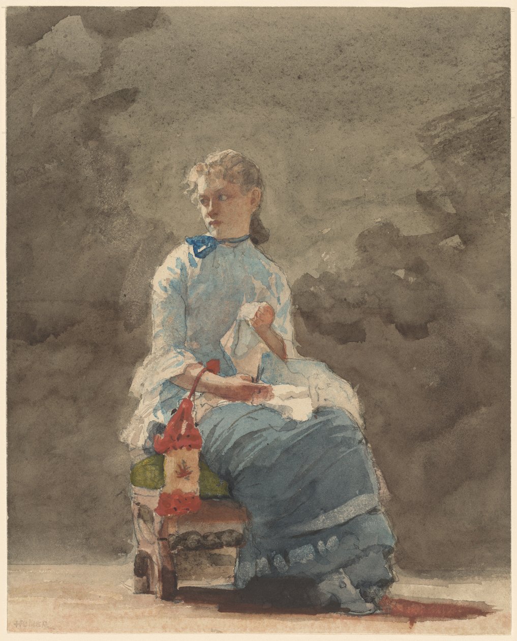 Woman Sewing, 1878-9 (akvarell over grafitt på off-white vevd akvarellpapir) av Winslow Homer
