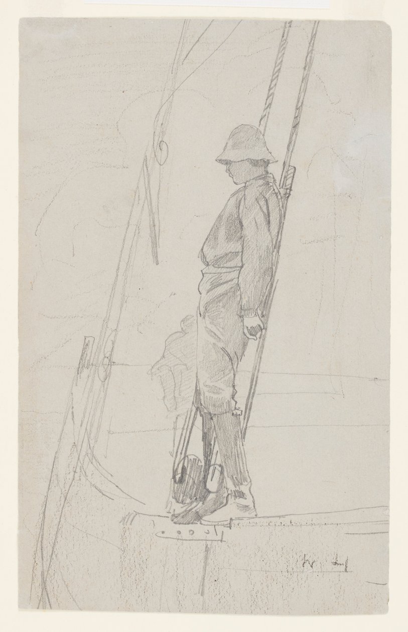 Ung mann lener seg mot seilbåtrigging av Winslow Homer