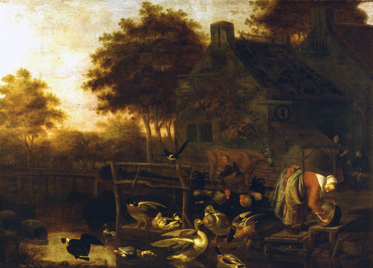 Country Scene in Holland (gård med mange dyr og en bonde som melker en ku) av Wintrack the Young av Wintrack the Younger