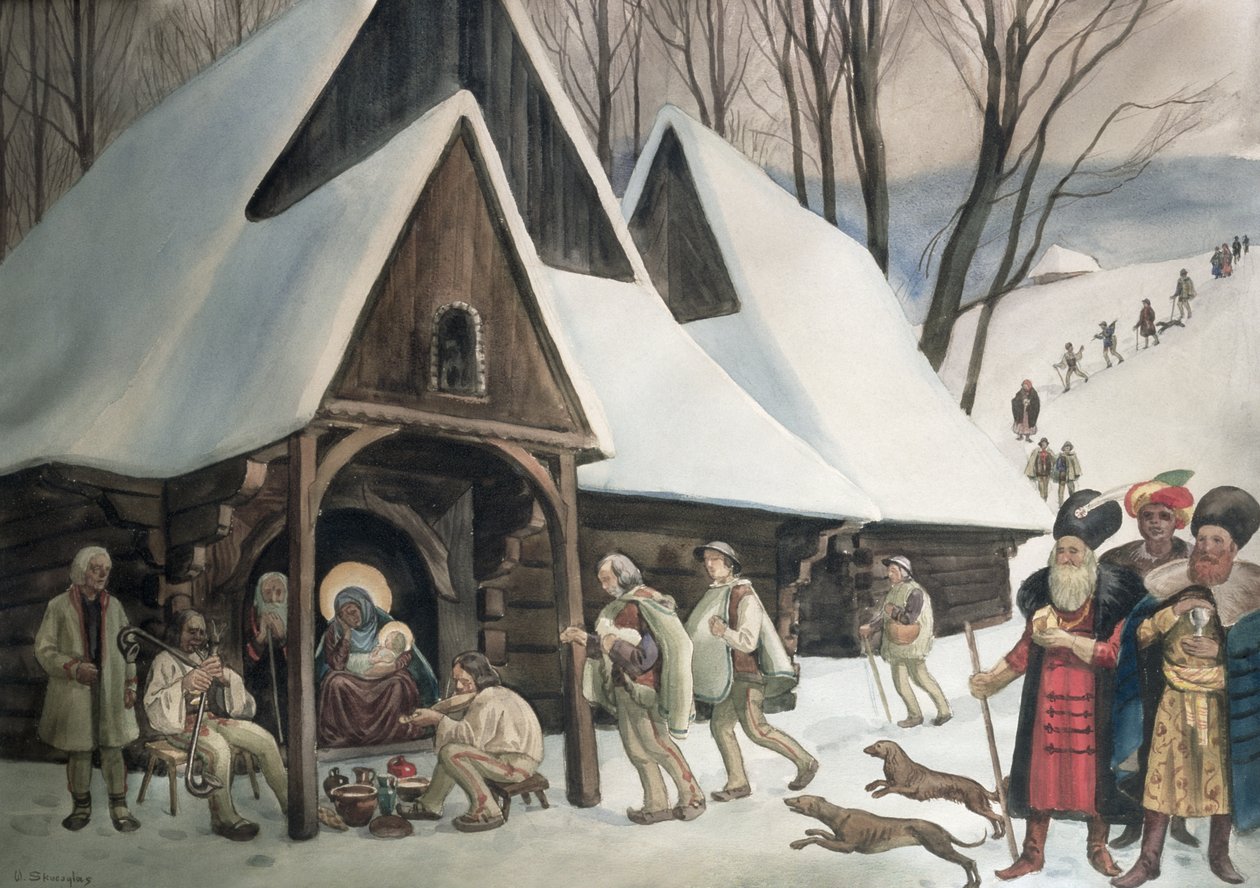 Goral Nativity Scene, ca. 1910 (wc og penn på papir) av Wladyslaw Skoczylas