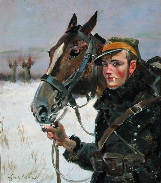 Soldat med hest av Wojciech Kossak