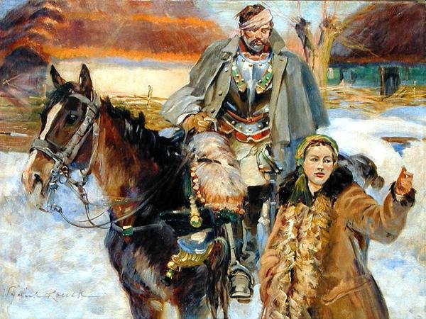 Wounded Cuirassier with a Girl, ca. 1930 (olje på lerret) av Wojciech Kossak