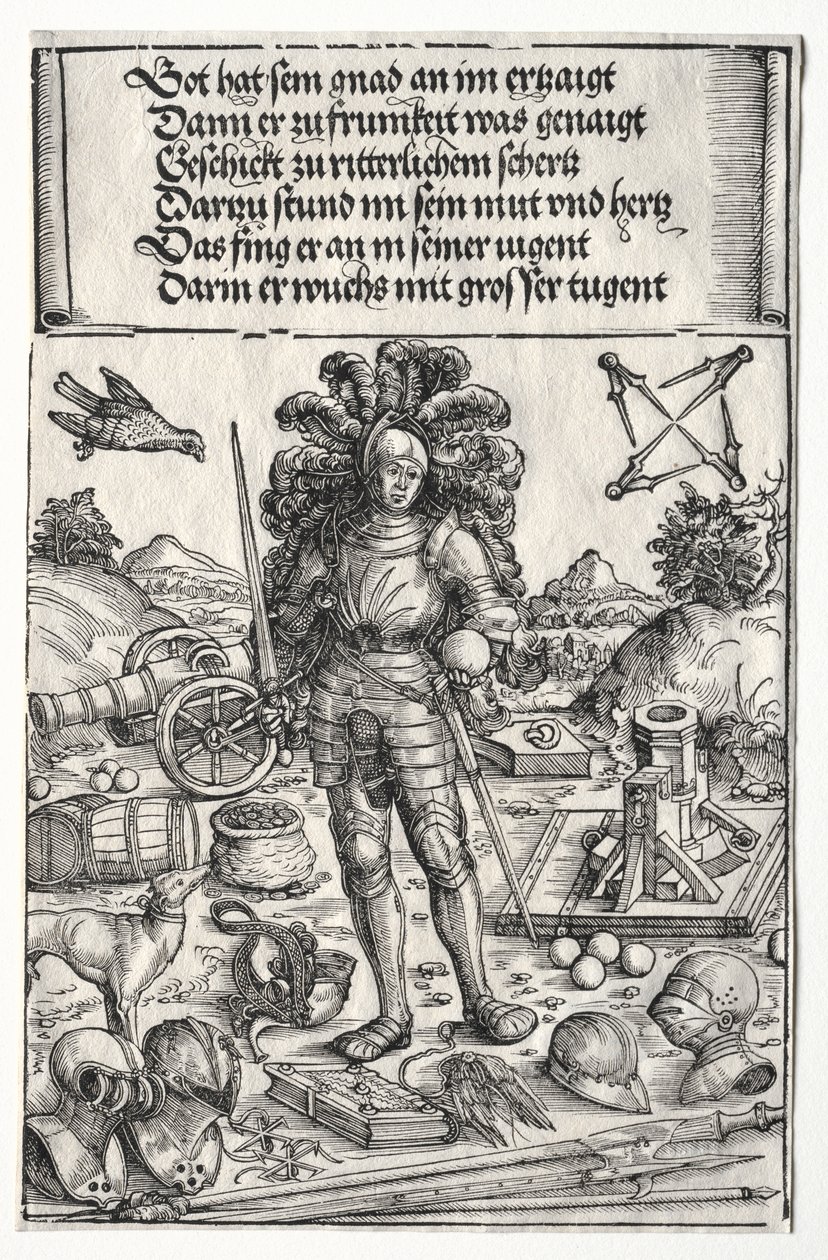 The Triumphal Arch of Maximilian I: Keiser Maximilian som beskytter av forbedringer i artilleri og rustning av Wolf Traut