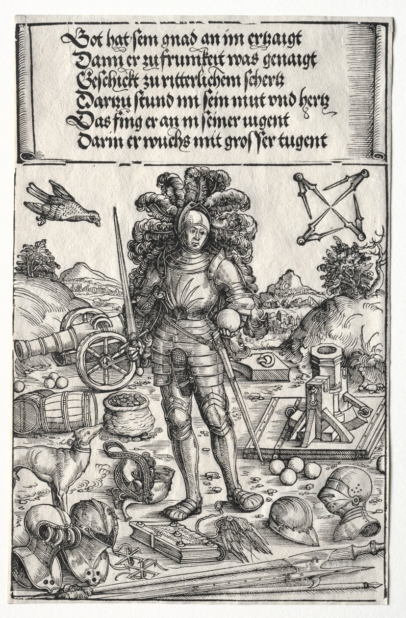 The Triumphal Arch of Maximilian I: Keiser Maximilian som beskytter av forbedringer..., 1515-17. av Wolf Traut