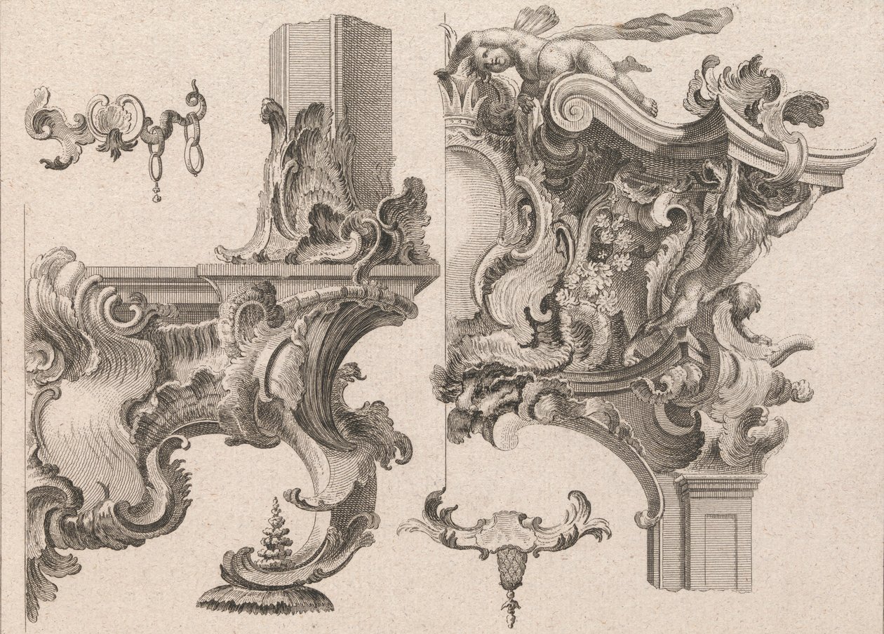 Forslag til dekorasjon av nedre høyre og øverste høyre på en alterramme..., trykt ca. 1750-56. av Wolffgang Christoph Mayr