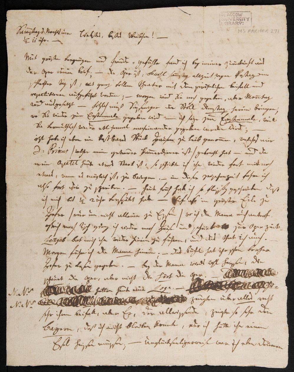 MS Farmer 2715 Brev fra W.A. Mozart til sin kone, Konstanze, 1791 (blekk på papir), side 1 av Wolfgang Amadeus Mozart