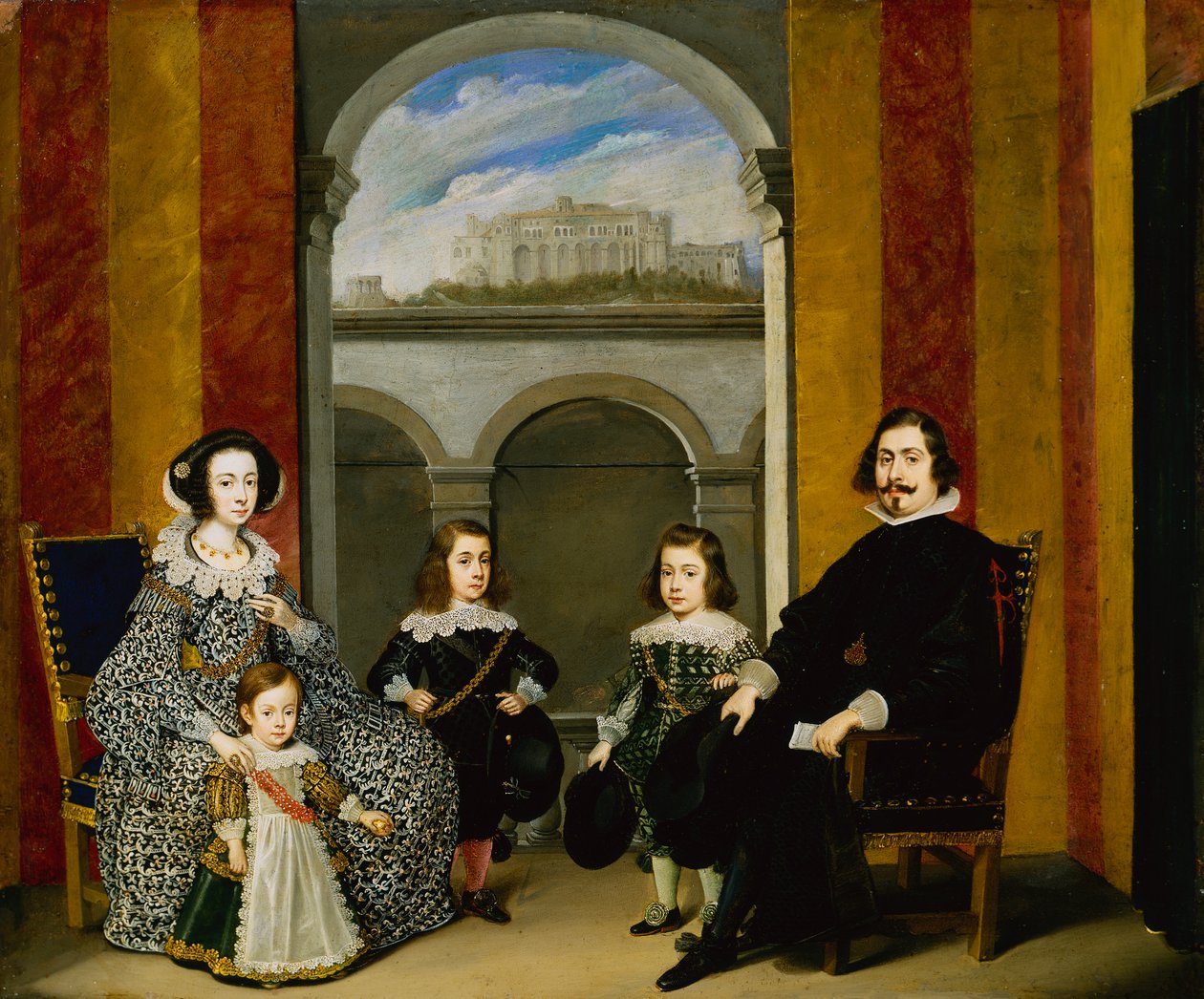 Francesco Tapia, Conte del Vasto, med sin familie sittende i et interiør av Palazzo Tapia med utsikt over Castello di Sant Elmo av Wolfgang Heimbach
