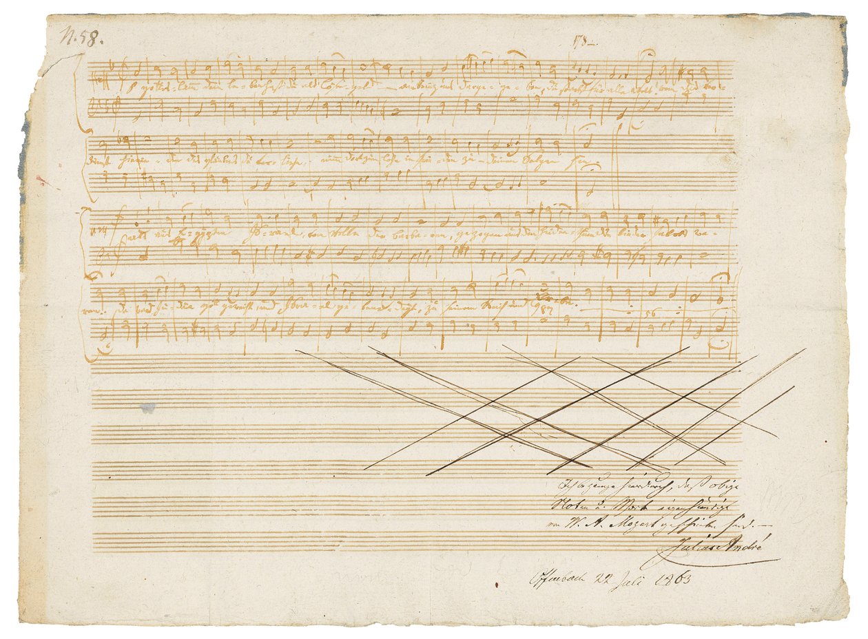 Autograf musikkmanuskript, To tyske salmer, K.343 av Wolfgang Amadeus Mozart