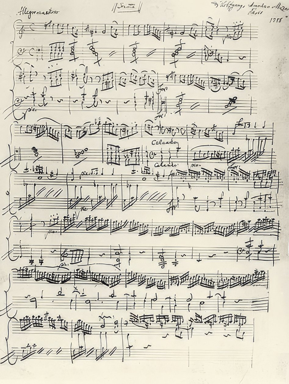 Begynnelsen på pianosonaten i a-moll. KV310. Autograf. 1778 av Wolfgang Amadeus Mozart