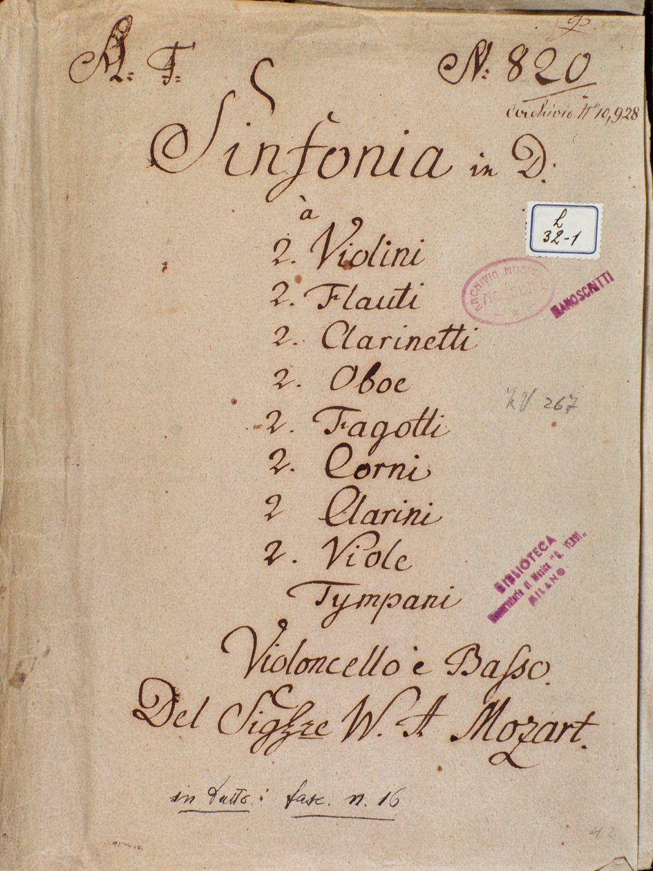 Første side med noteark til Symfoni nr. 4 i D, av Mozart av Wolfgang Amadeus Mozart