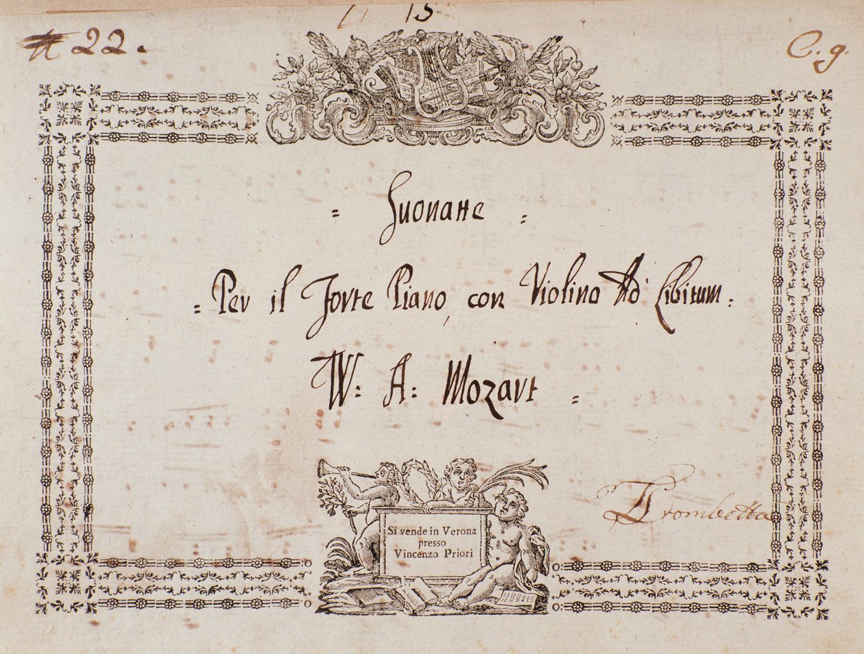 Frontispice av sonate for fort-piano og fiolin av Mozart. av Wolfgang Amadeus Mozart