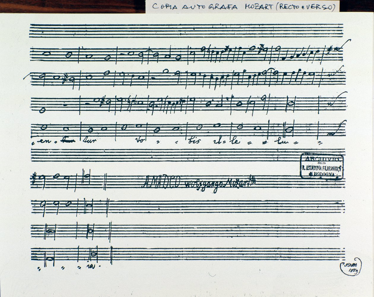 Noterside for Querite primum regnum dei av Mozart for å få tittelen Accademia Filarmonico, korrigert versjon av far Martini (1770) av Wolfgang Amadeus Mozart