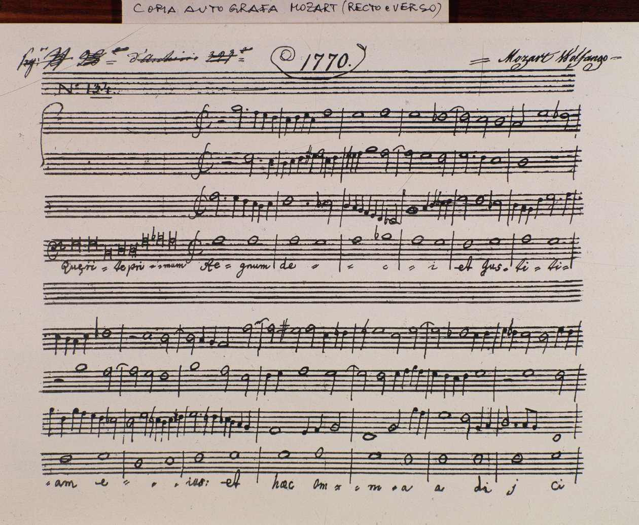 Noterside for Querite primum regnum dei av Mozart for å få tittelen Accademia Filarmonico, korrigert versjon av far Martini (1770) av Wolfgang Amadeus Mozart