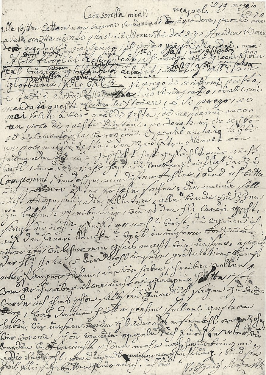 Wolfgang Amadeus Mozart (1756-1791) østerriksk komponist. Håndskrevet brev til søsteren Nannerl. Napoli 19. mars 1770 av Wolfgang Amadeus Mozart