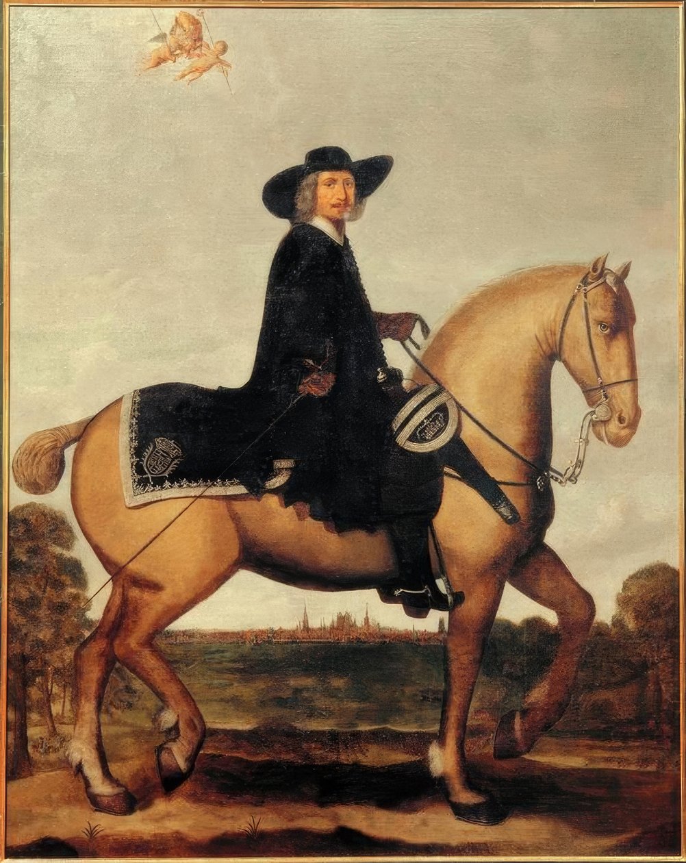 Christoph Bernhard von Galen på hesteryggen foran Silhouette M av Wolfgang Heimbach