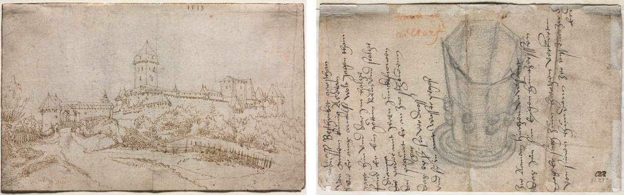 Utsikt over et slott (recto); Åttesidig kopp (verso) av Wolfgang Huber