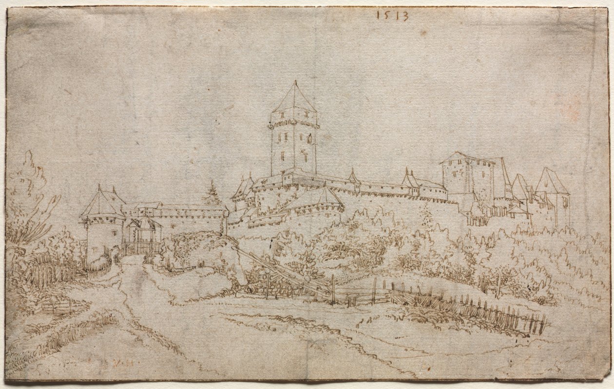 Utsikt over et slott recto, åttesidig kopp verso, 1513. av Wolfgang Huber