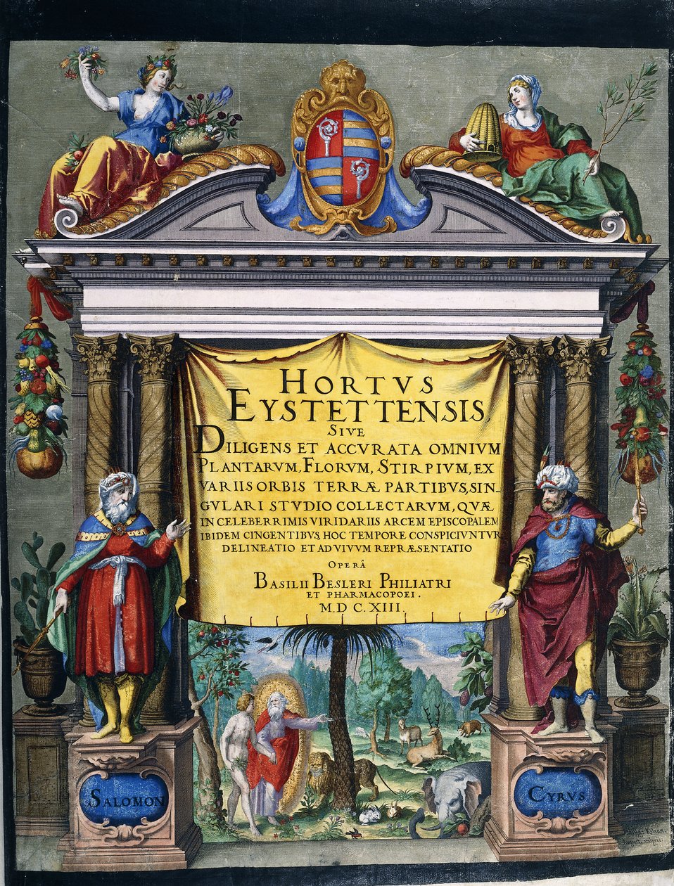 Gravert tittel for Florilegium "Hortus Eystettensis" av Basilius Besler av Wolfgang Kilian