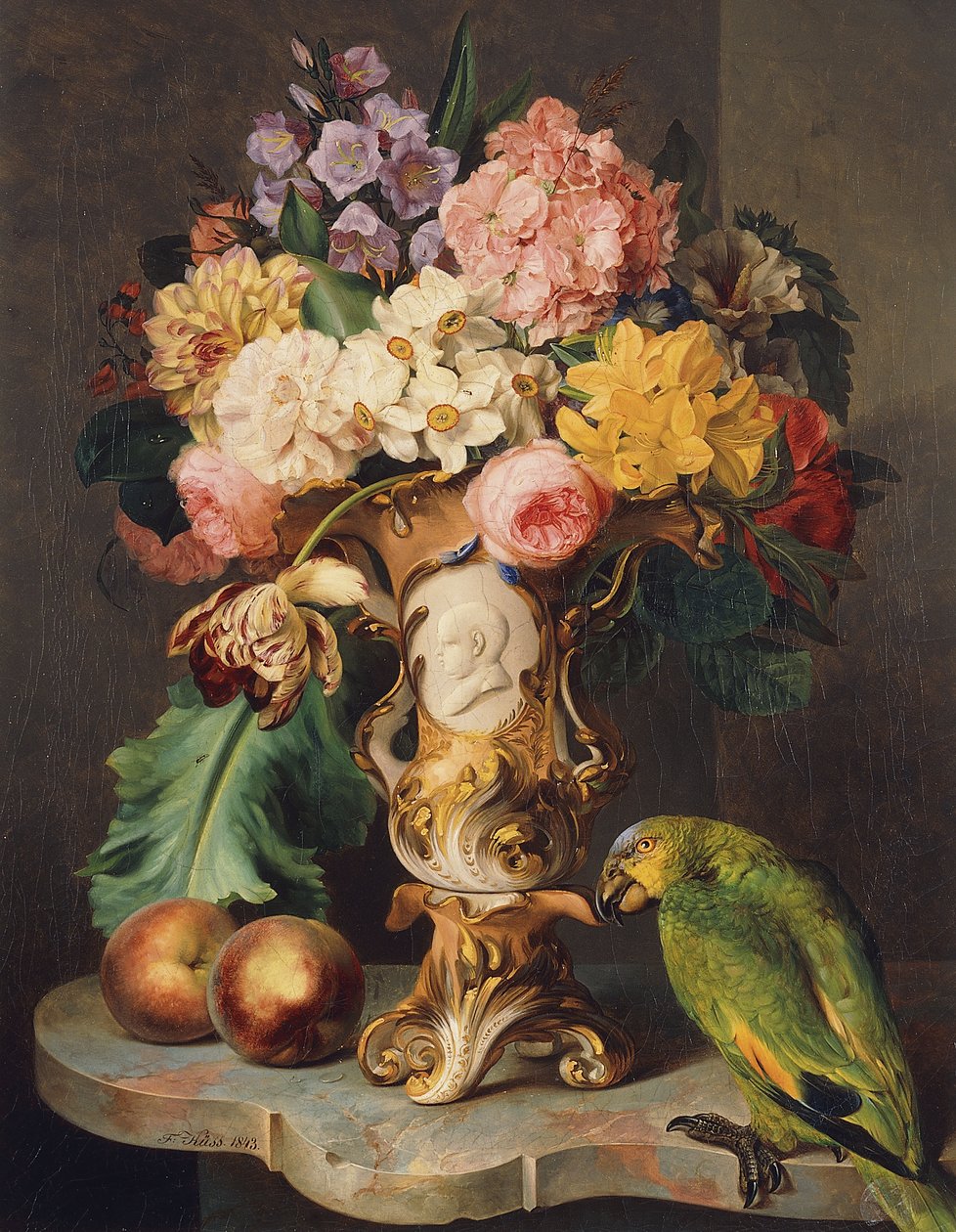 Et stilleben med en vase med diverse blomster, fersken og en papegøye på en marmorhylle, 1843 av Wolfgang Küss