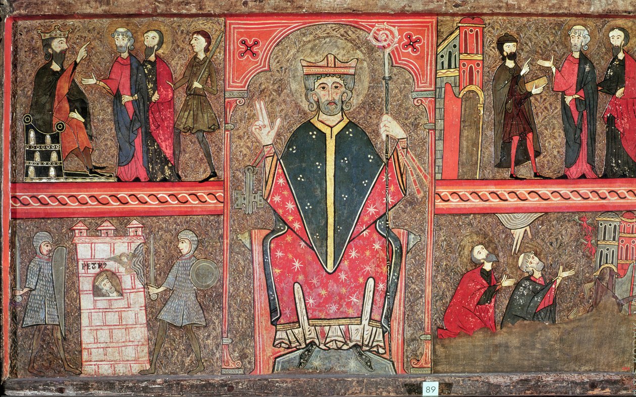 Alterfrontal som viser Saint Peter sittende med crozier og fire scener fra livet hans, 1150-1200 (tempera på panel) av Workshop of Lleida