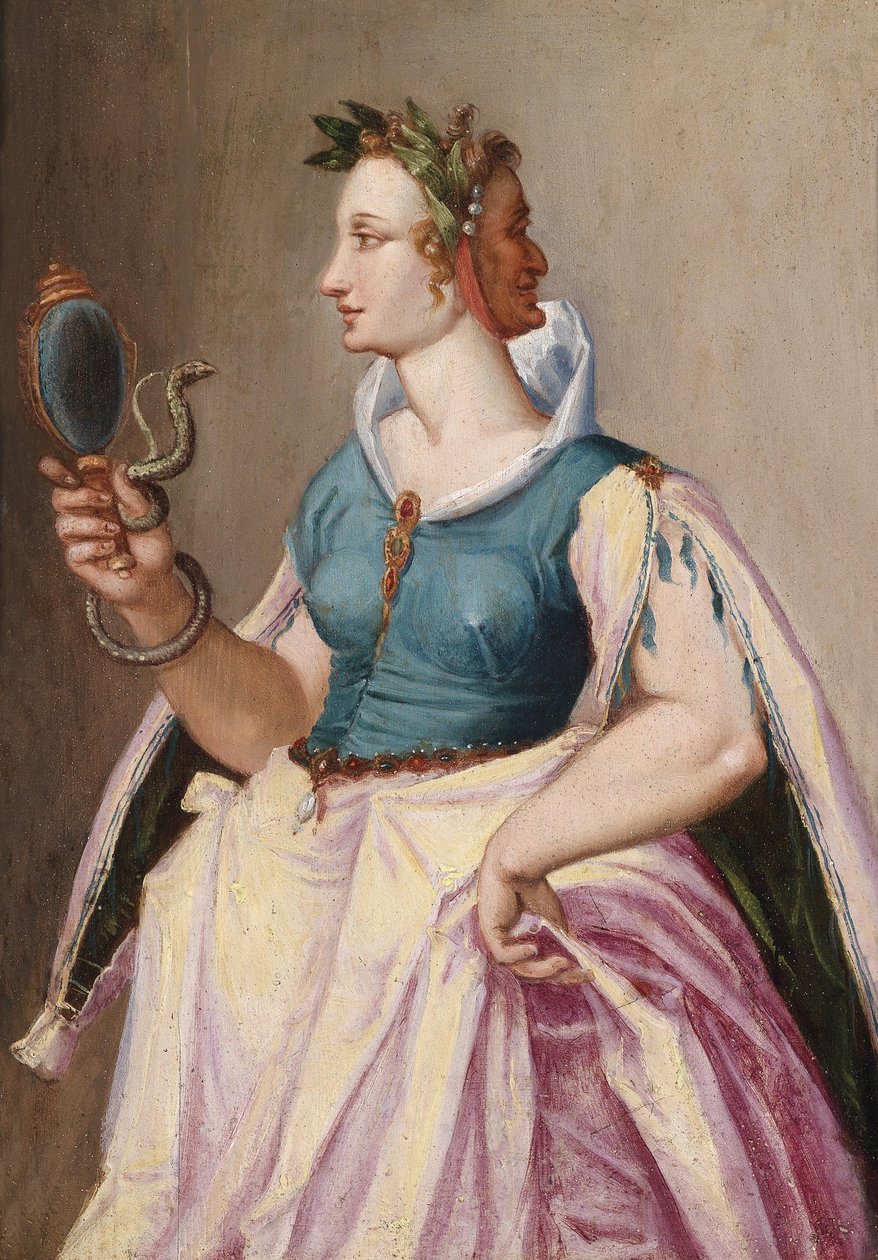 Allegory of forfengelighet, en kvinne med Janus-hode og et speil som en slange ruller rundt av Peter Candid