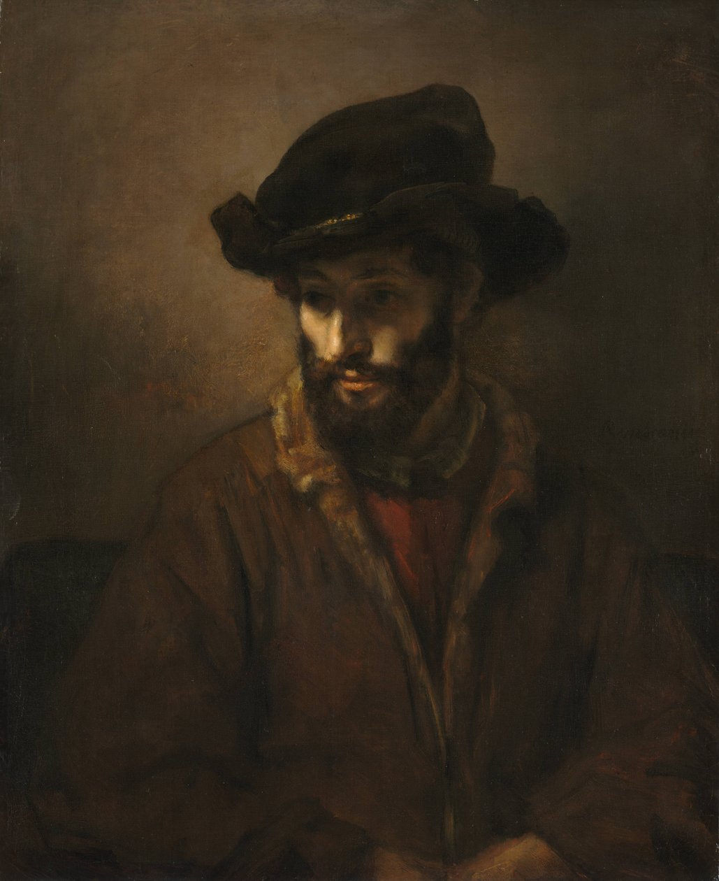 En skjegg mann som har hatt av Workshop of Rembrandt