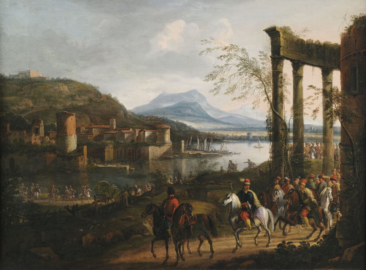 Et stort italiensk elvelandskap med ruiner, havneanlegg og en stor kavalkade av Willem van Bemmel