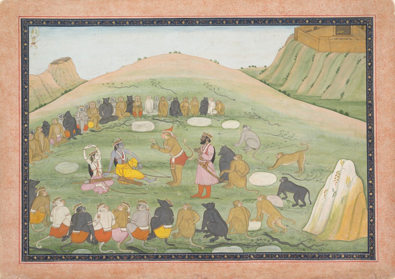 Hanuman gjenoppliver Rama og Lakshmana med medisinske urter...,Ramayana-serien, ca. 1790. av Workshop active in the First generation