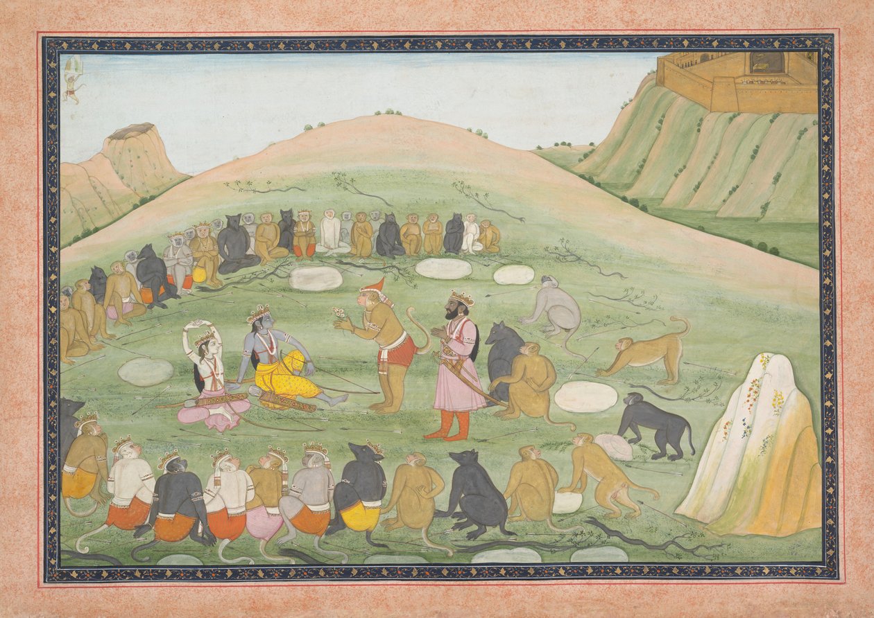 Hanuman gjenoppliver Rama og Lakshmana med medisinske urter: Illustrert folio..., ca. 1790. av Workshop active in the First generation