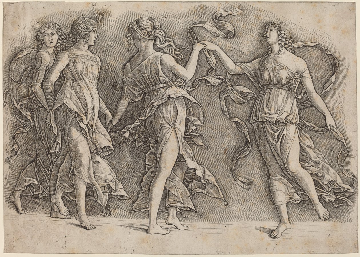 Fire dansende muser av Workshop of Andrea Mantegna