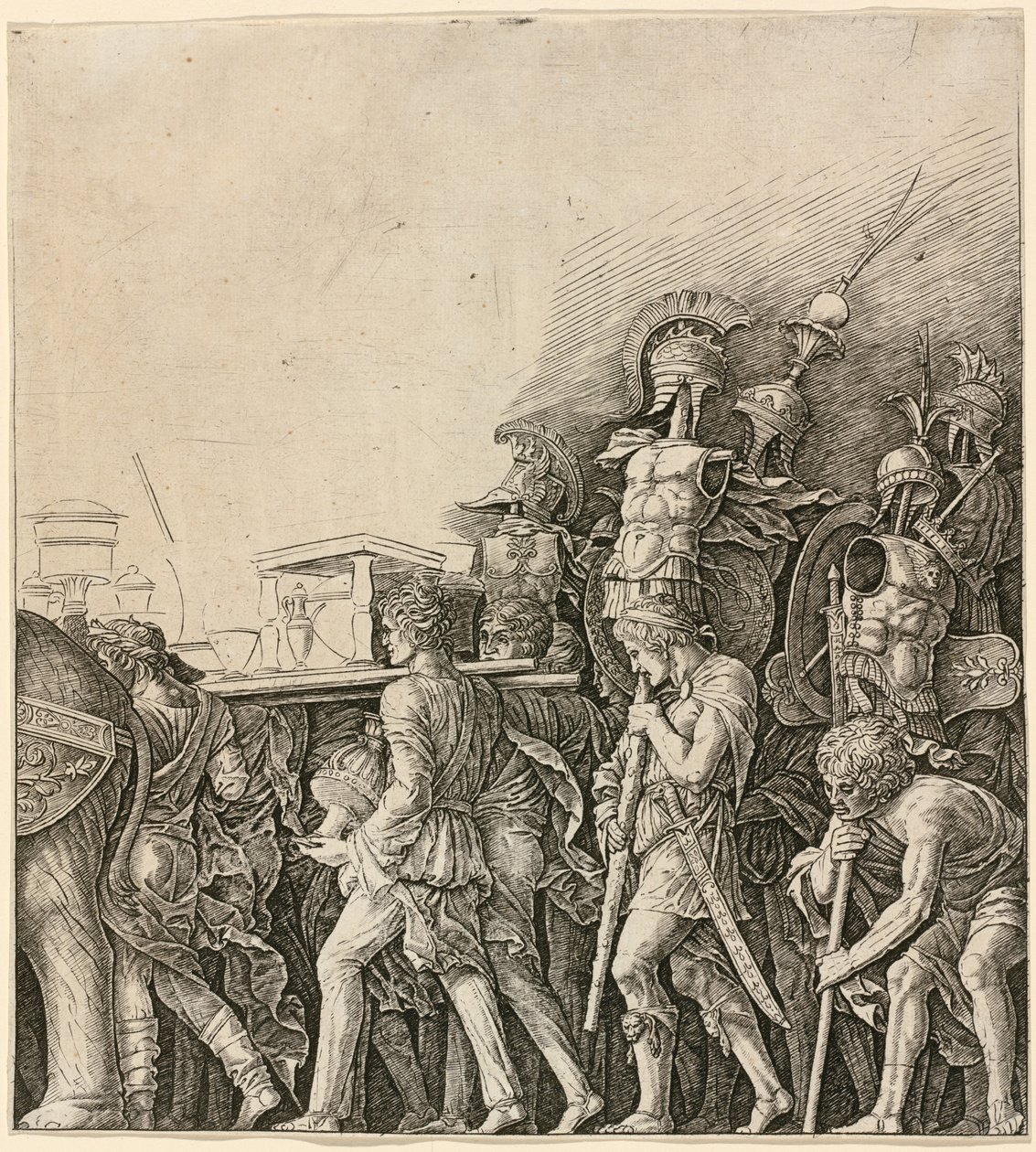 The Triumph of Caesar: Soldiers Carrying Trophys av Workshop of Andrea Mantegna