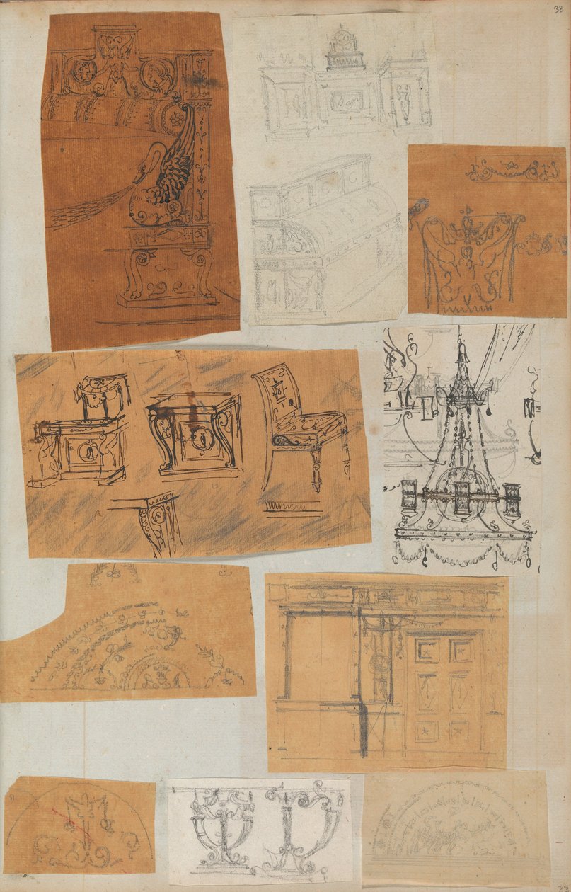 Side fra en utklippsbok som inneholder tegninger og flere utskrifter av arkitektur, Int..., ca. 1800-1850. Skapere: Workshop av Charles Percier, Workshop av Pierre François Léonard Fontaine. av Workshop of Charles Percier, Workshop of Pierre
