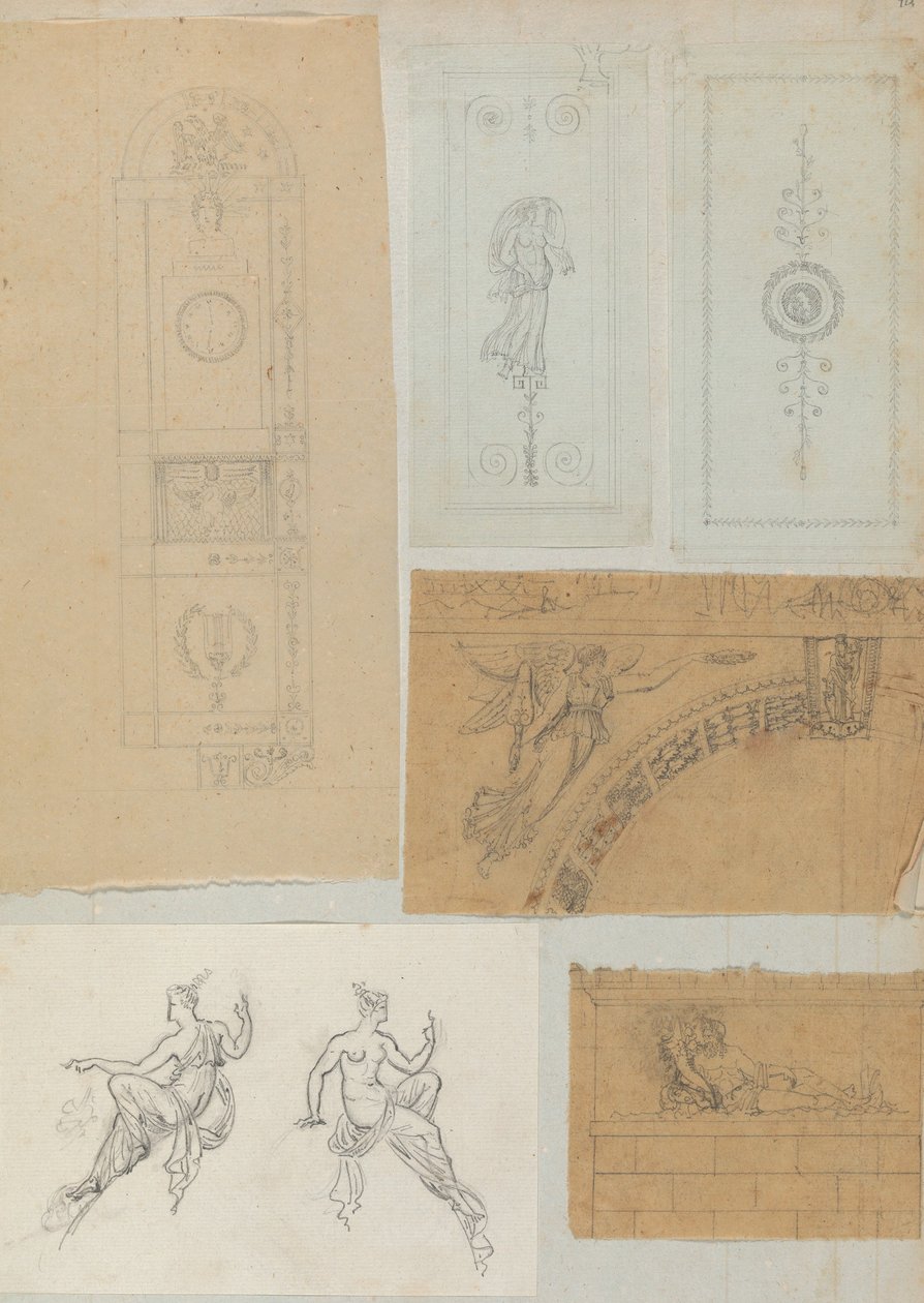 Side fra en utklippsbok som inneholder tegninger og flere utskrifter av arkitektur, Int..., ca. 1800-1850. Skapere: Workshop av Charles Percier, Workshop av Pierre François Léonard Fontaine. av Workshop of Charles Percier, Workshop of Pierre