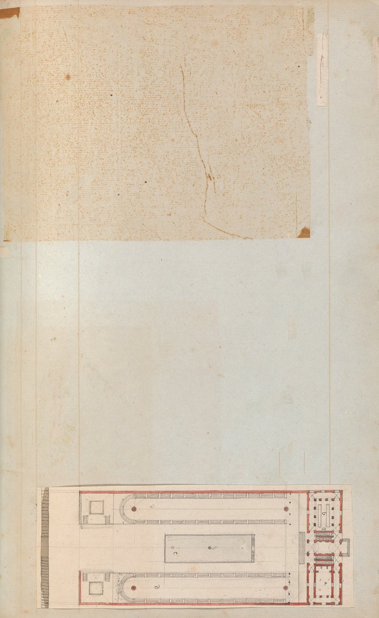 Side fra en utklippsbok som inneholder tegninger og flere utskrifter av arkitektur, Int..., ca. 1800-1850. Skapere: Workshop av Charles Percier, Workshop av Pierre François Léonard Fontaine. av Workshop of Charles Percier, Workshop of Pierre