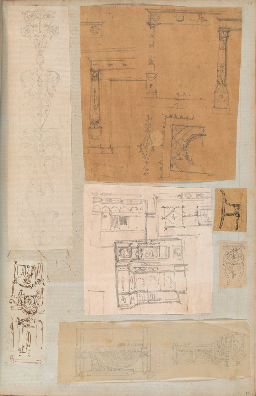 Side fra en utklippsbok som inneholder tegninger og flere utskrifter av arkitektur, Int..., ca. 1800-1850. Skapere: Workshop av Charles Percier, Workshop av Pierre François Léonard Fontaine. av Workshop of Charles Percier, Workshop of Pierre