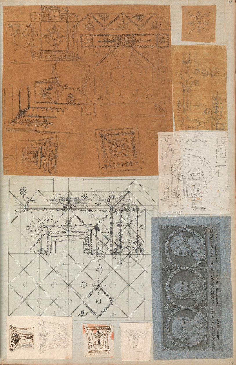 Side fra en utklippsbok som inneholder tegninger og flere utskrifter av arkitektur, Int..., ca. 1800-1850. Skapere: Workshop av Charles Percier, Workshop av Pierre François Léonard Fontaine. av Workshop of Charles Percier, Workshop of Pierre