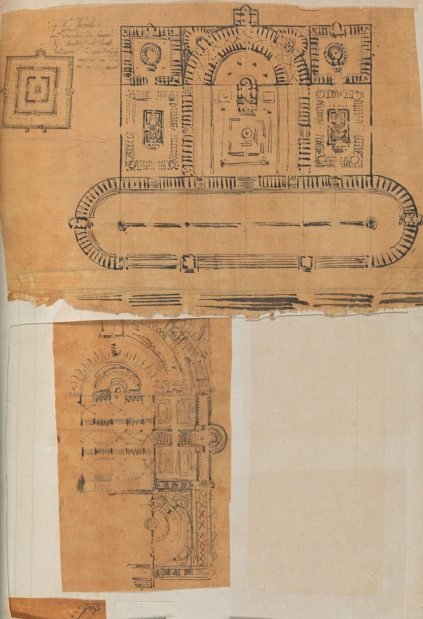Side fra en utklippsbok som inneholder tegninger og flere utskrifter av arkitektur, Int..., ca. 1800-1850. Skapere: Workshop av Charles Percier, Workshop av Pierre François Léonard Fontaine. av Workshop of Charles Percier, Workshop of Pierre
